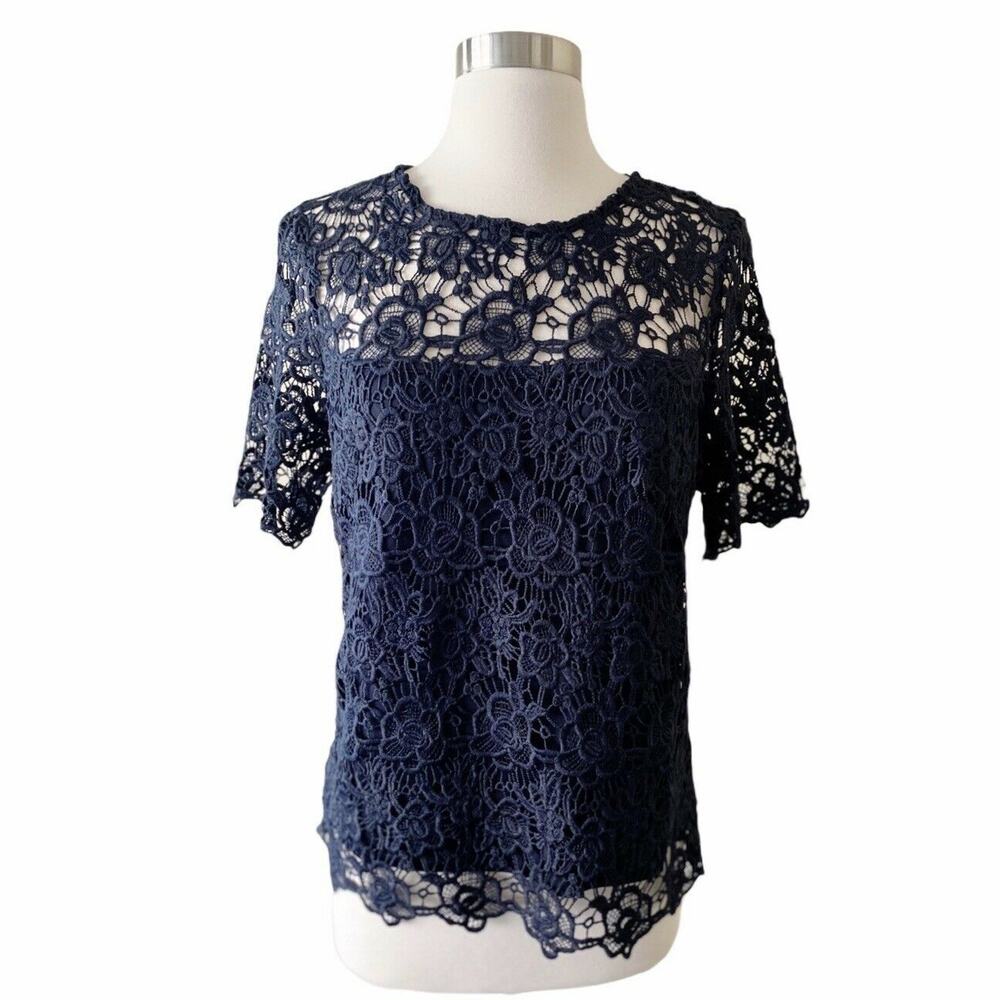 NANETTE LEPORE Floral Blouse Cut Lace Short Sleeves Navy Blue Top Small NWT